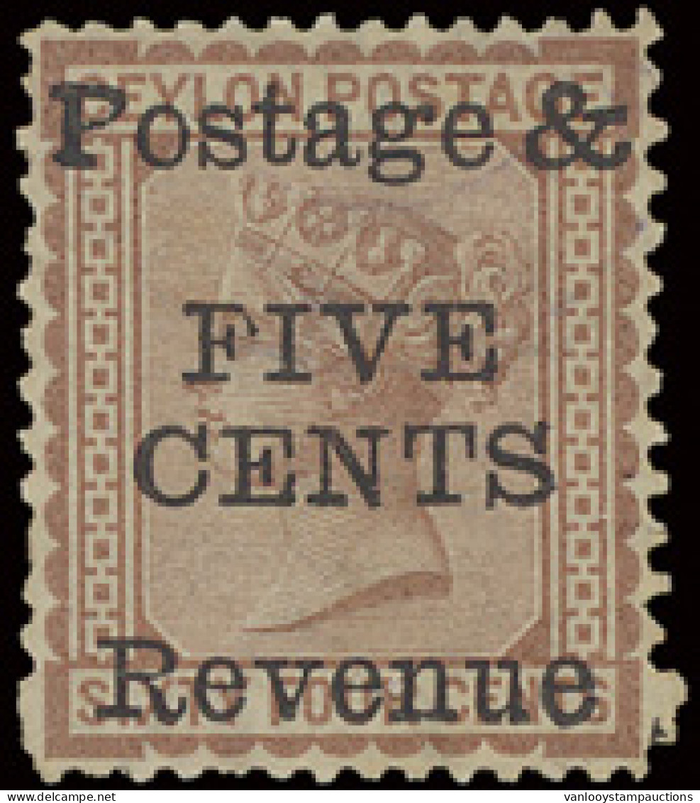 * N° 173 (S.G.) 1885 - 5 Cents On 64 Cents Red Brown, Certificate Scheller 2010, Scarce, Vf (S.G. £950) - Ceylon (...-1947)