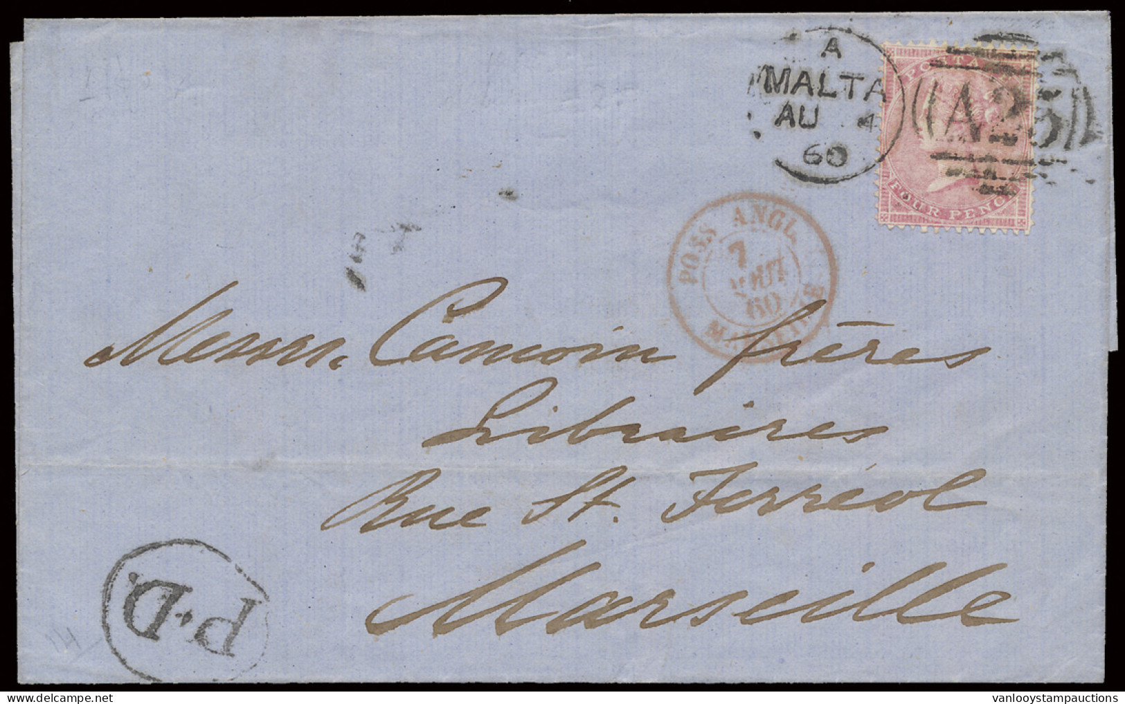 1860 Nice Entire Tied By A25 Duplex On 4d. Rose (S.G. Z47) To Marseille, Certificate BPSB, Scarce, Vf - Malta