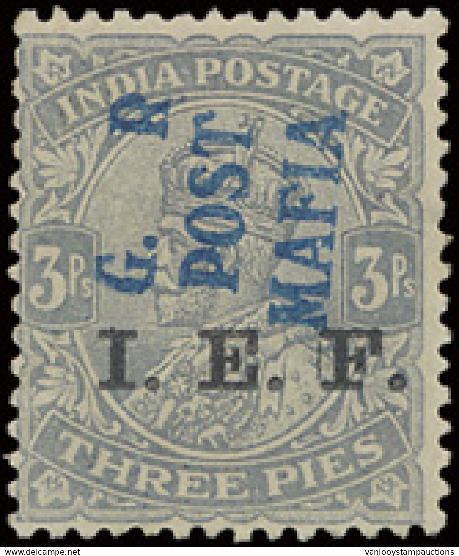 ** M 33 (S.G.) 1915 Mafia Island British Occupation Dull Blue Handstamp On 3p. Grey I.E.F. Sideways MNH, Very Scarce Var - Tanganyika (...-1932)