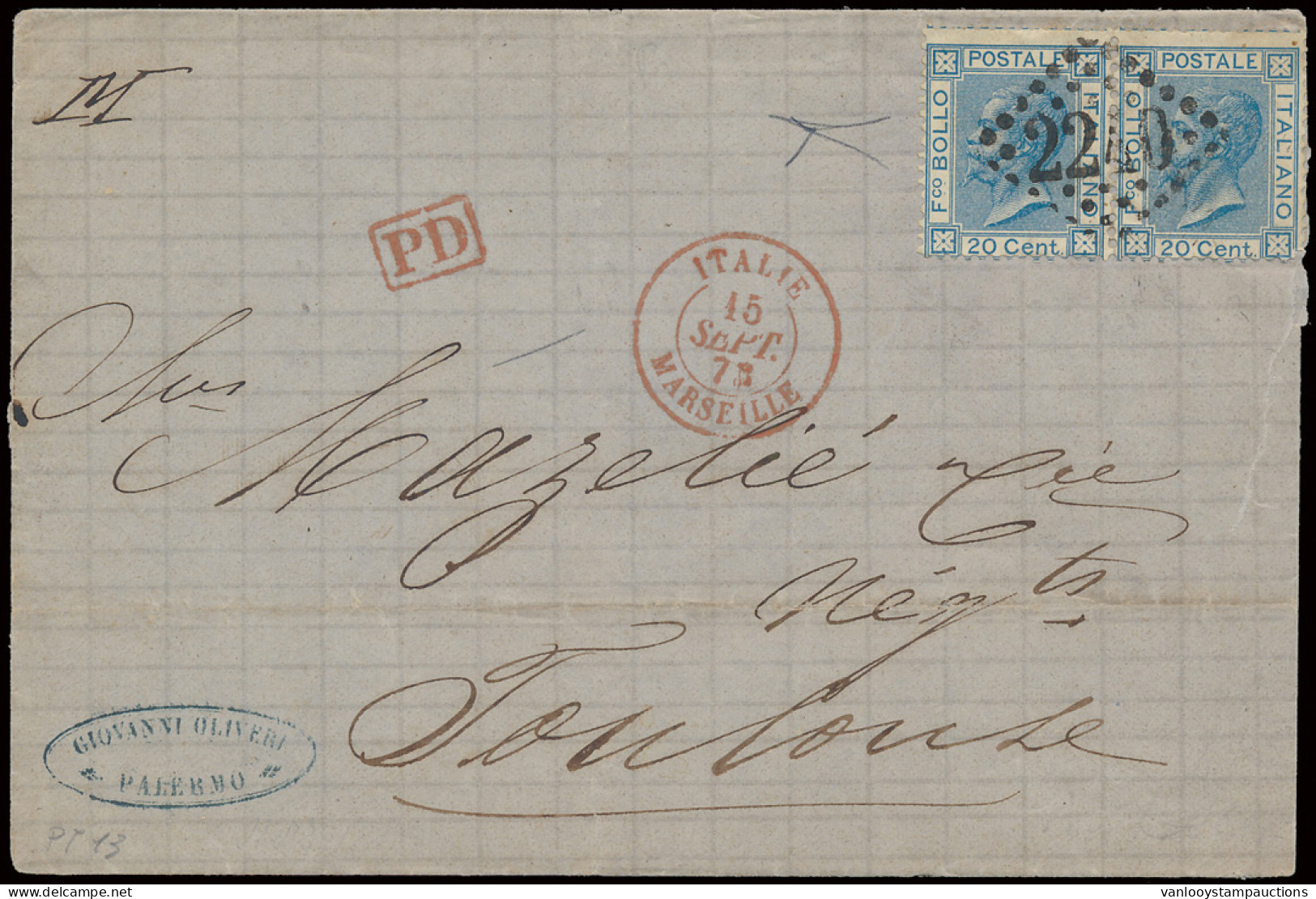 1873, T26 Vittorio Emanuele II 20c. Azzurro In Paar Op Brief Van Palermo 11.9.1873, Franse Stempel 2240 Marseille, 15.9. - Colecciones