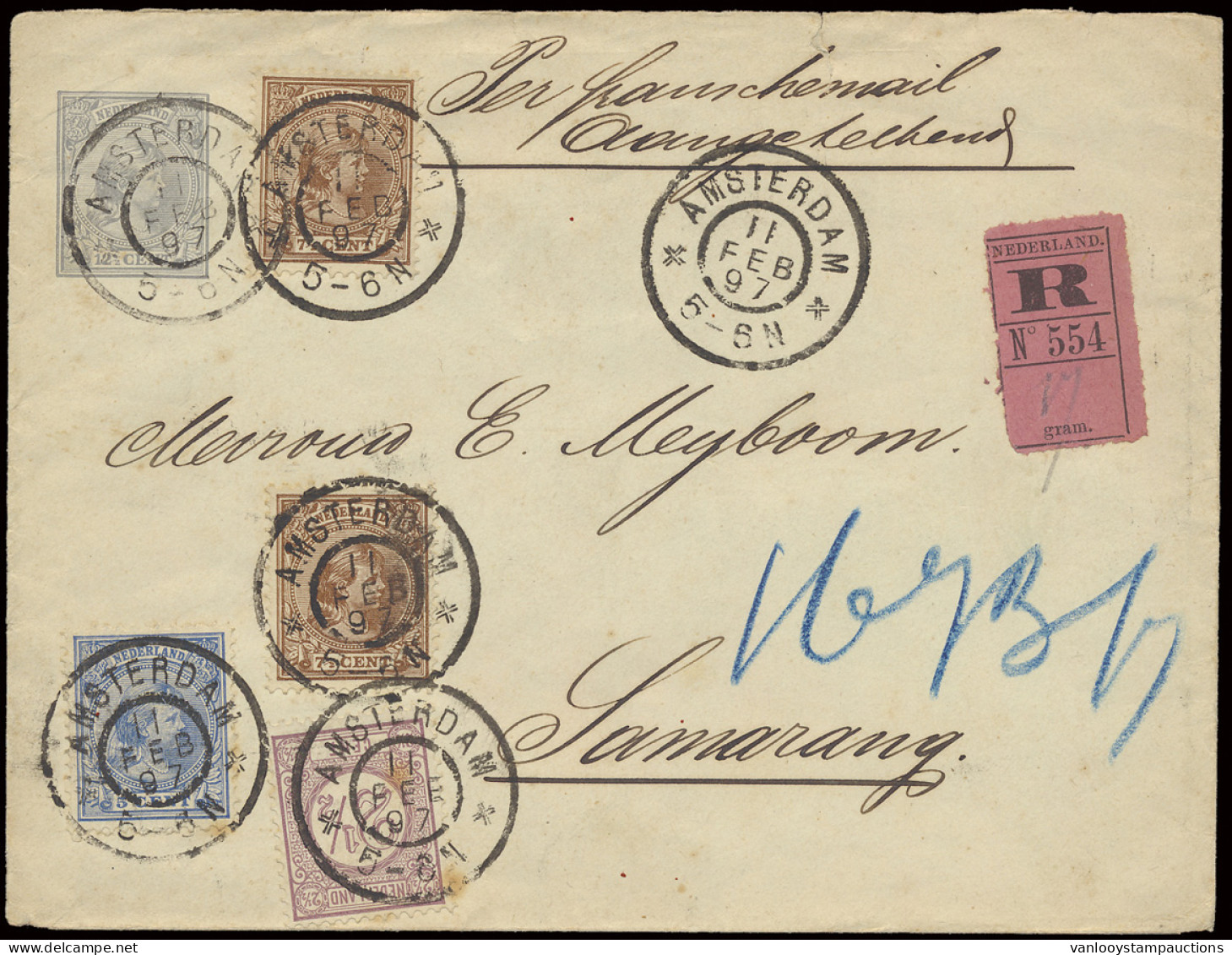 1897 Spectaculaire Brief Van Amsterdam Aangetekend Naar Ned. Indië, PWST 12 1/2 C. Met Bijfrankering W.o. N° 36 (2x), Sc - Altri & Non Classificati