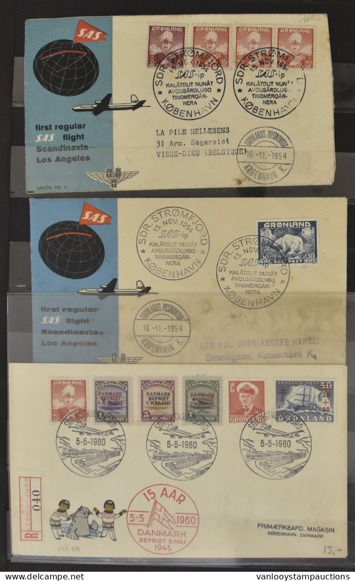 1954/91, Verzameling FDC's, Brieven En Speciale Vluchten, In Insteekboek, W.o. 3x 'Befriet Danmark' Op 1 Ex., Zm/m. - Autres & Non Classés