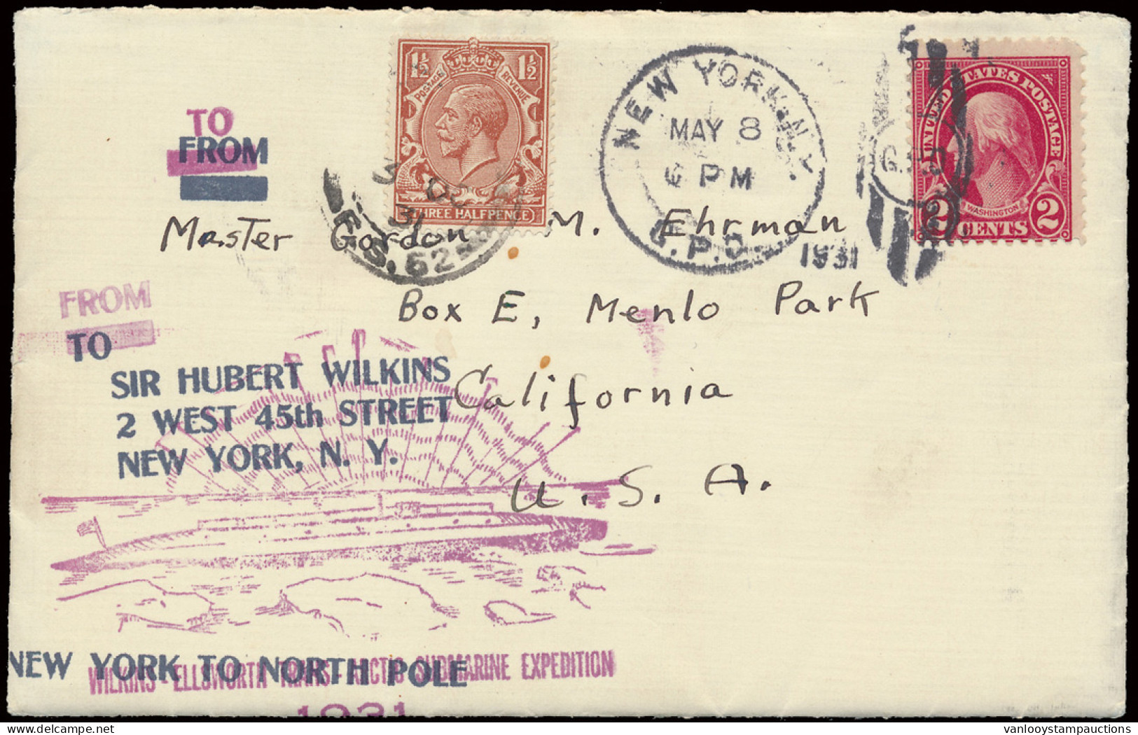 1931 Wilkins-Ellsworth Trans-Arctic Submarine Expedition Cover Carried Aboard And Bearing England + United States Mixed  - Sonstige & Ohne Zuordnung