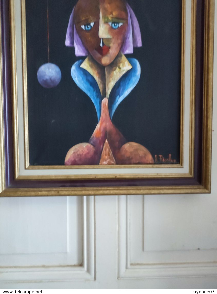 Alain RIGOLLIER (1955- ) Huile Sur Toile "Portrait Femme Aux Yeux Bleus" Inspiration Cubiste école Française - Acrilicos