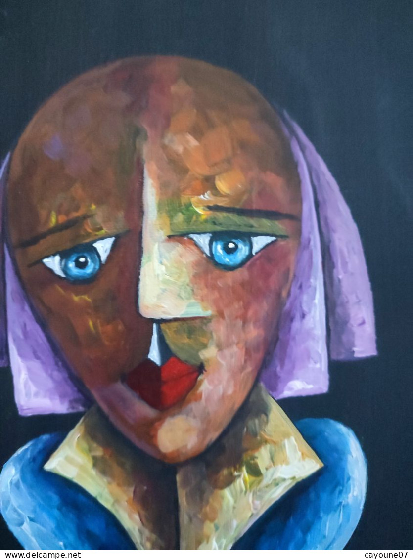 Alain RIGOLLIER (1955- ) huile sur toile "Portrait femme aux yeux bleus" inspiration cubiste école française