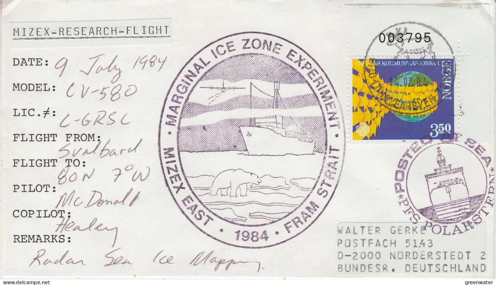 Norway Mizex Project 1984 Mizex Research Flight  From Svalbard 9.07.1984 (MZ174) - Vols Polaires