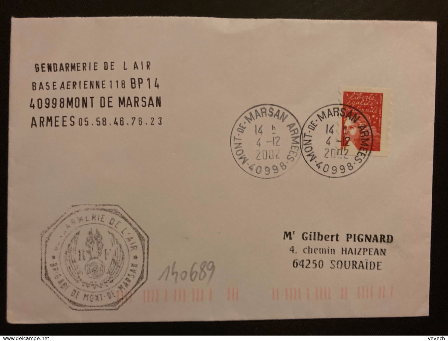 LETTRE TP M DE LUQUET TVP ROUGE OBL.MEC.4-12 2002 40998 MMONT DE MARSAN ARMEES + GENDARMERIE DE L'AIR BA 118 - Correo Aéreo Militar