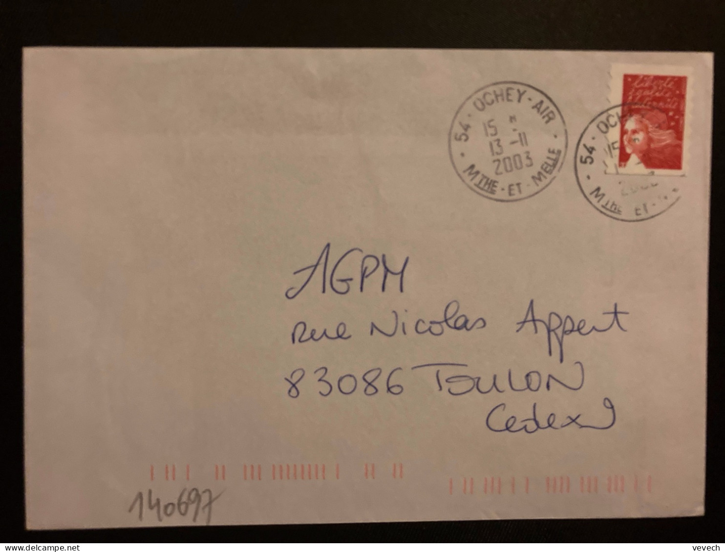 LETTRE TP M DE LUQUET TVP ROUGE OBL.13-11 2003 54 OCHEY AIR MTHE ET MELLE - Poste Aérienne Militaire