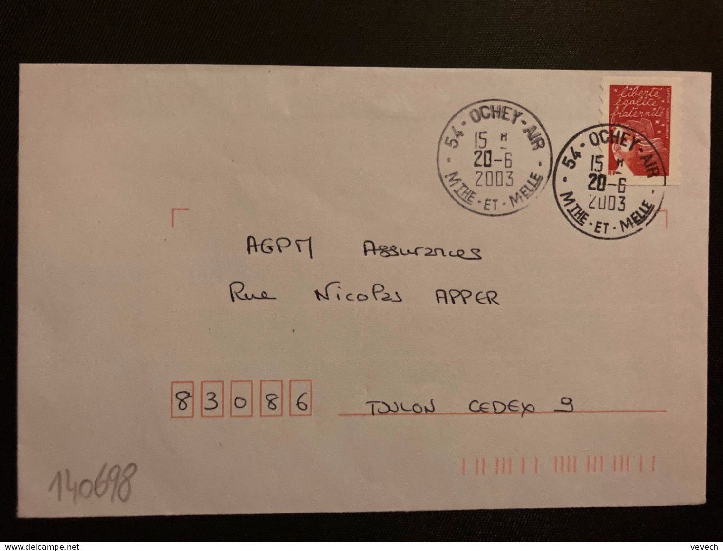 LETTRE TP M DE LUQUET TVP ROUGE OBL.20-6 2003 54 OCHEY AIR MTHE ET MELLE - Military Airmail