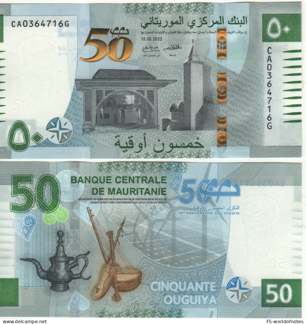 MAURITANIA New 50 Ouguiys PW28 ISSUED 2023 (50th Anniversary Of Currency + Teapot, Musical Instruments ) UNC - Mauritanië