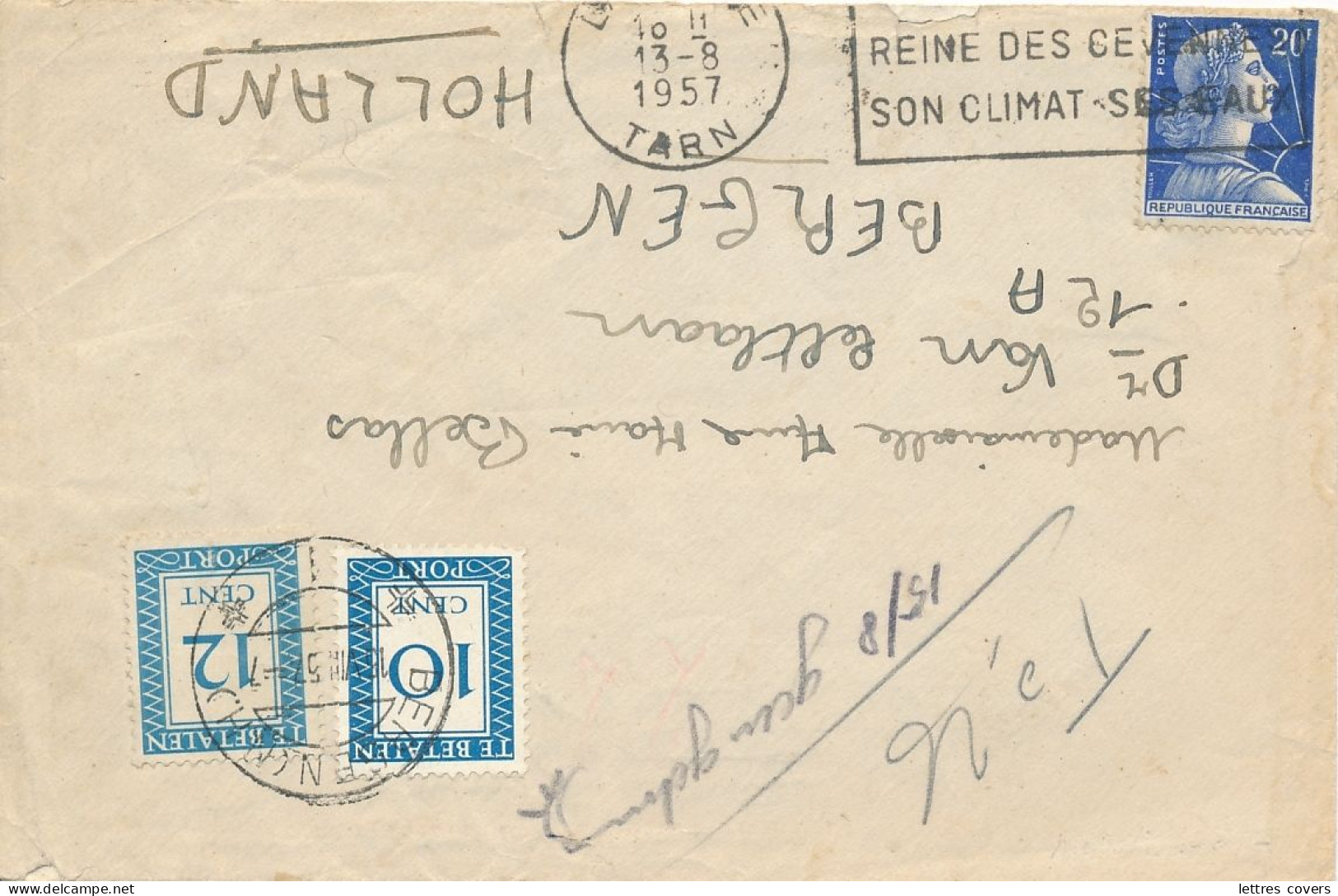 TE BETALEN 10c + 12c Cover France 20f Muller Lettre Bergen Due Taxe - Postage Due