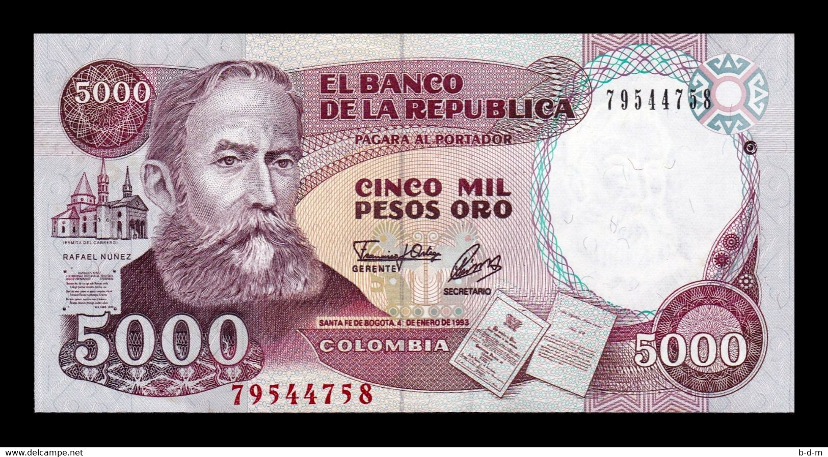 Colombia 5000 Pesos Oro Rafael Nuñez 04.01.1993 Pick 436A Sc- AUnc - Colombie