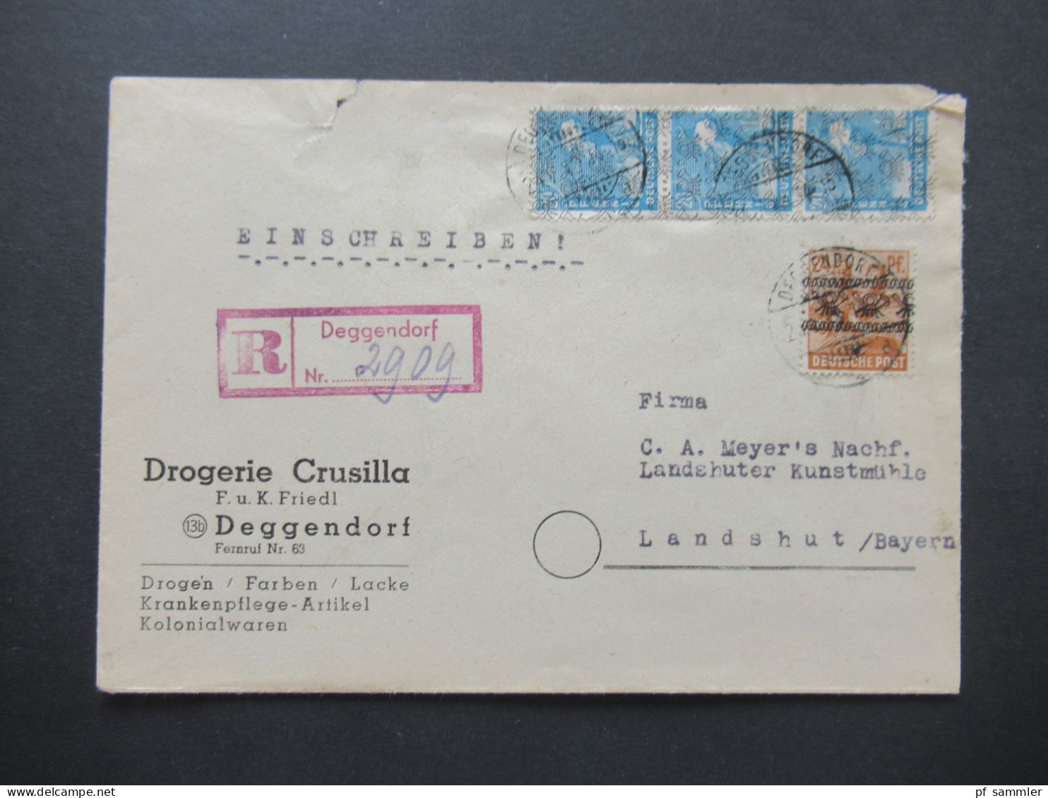 Bizone 7.1948 Band / Netzaufdruck MiF Einschreiben Not R-Zettel Stempel Deggendorf Umschlag Drogerie Crusilla - Storia Postale