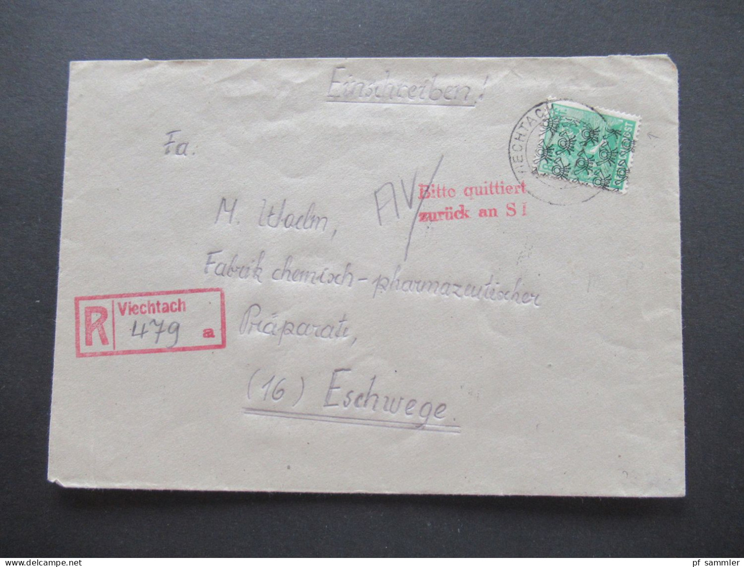 1948 Netzaufdruck MiF Nr.51 II EF Einschreiben Not R-Zettel Stempel Viechtach U. Roter L2 Bitte Quittiert Zurück An SI - Storia Postale