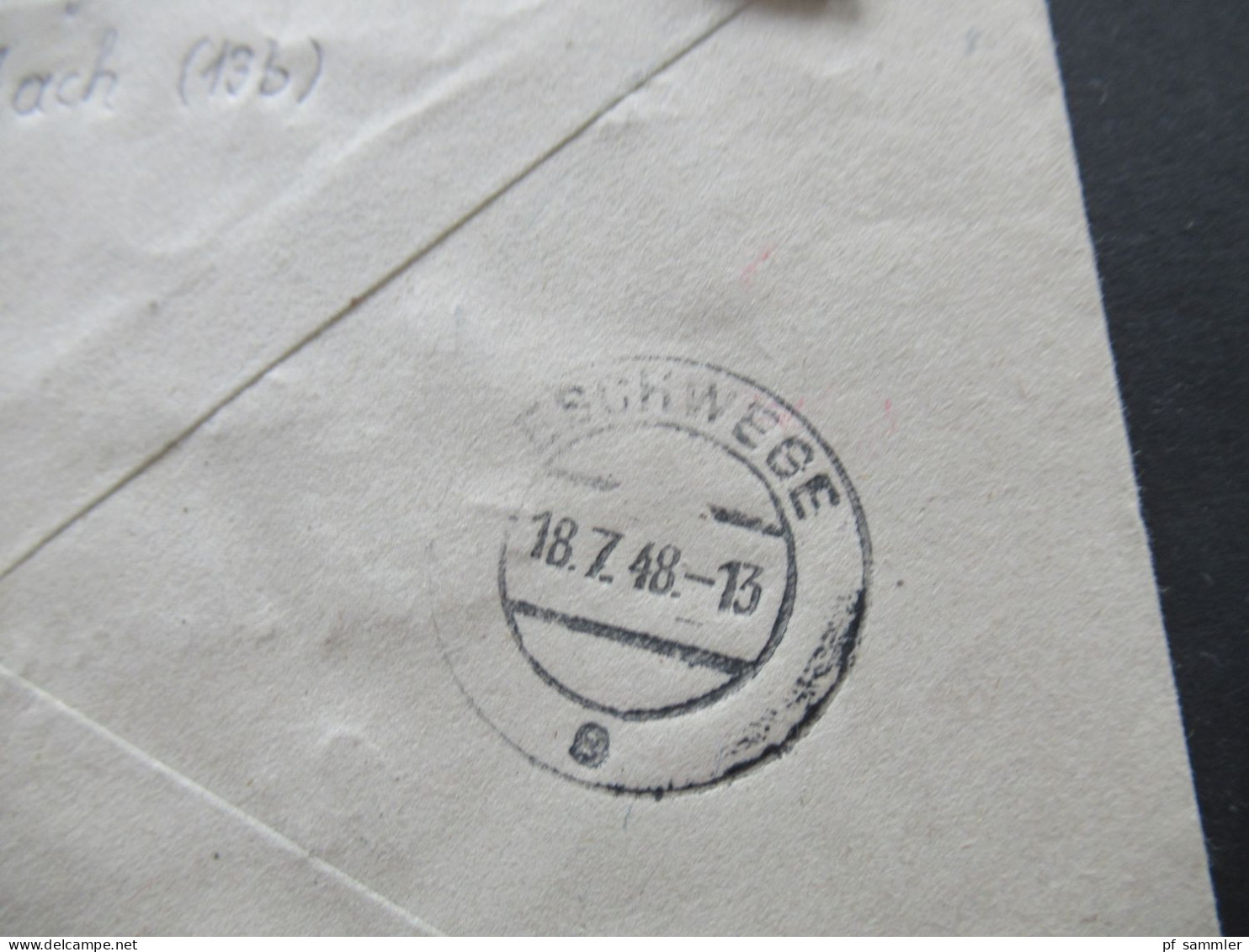 1948 Netzaufdruck MiF Nr.51 II EF Einschreiben Not R-Zettel Stempel Viechtach u. roter L2 Bitte quittiert zurück an SI