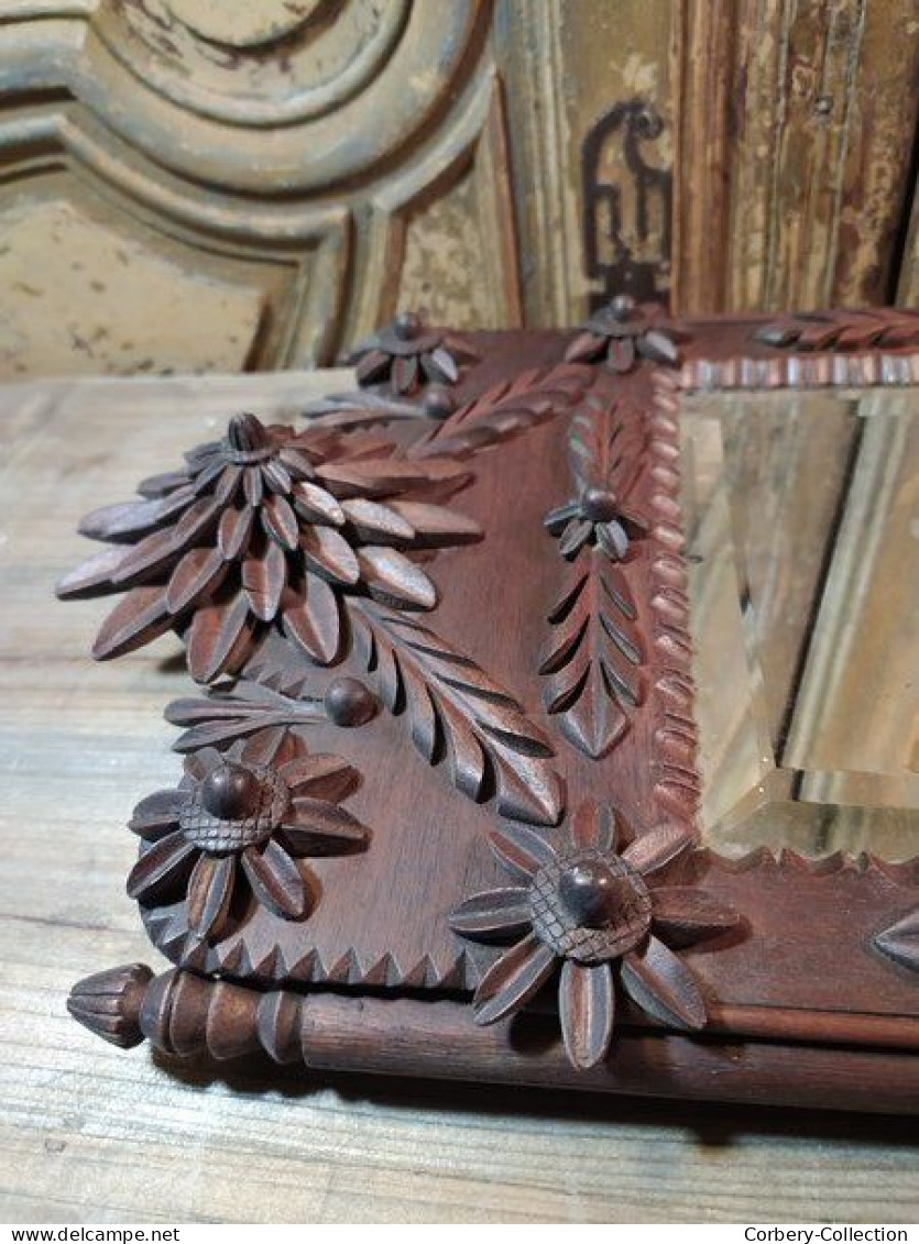 Ancien Miroir Bois Sculpté Fleurs Art Populaire Fin XVIIIeme Début XIXème