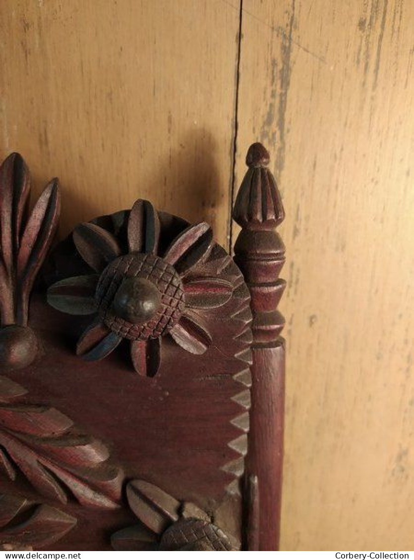 Ancien Miroir Bois Sculpté Fleurs Art Populaire Fin XVIIIeme Début XIXème