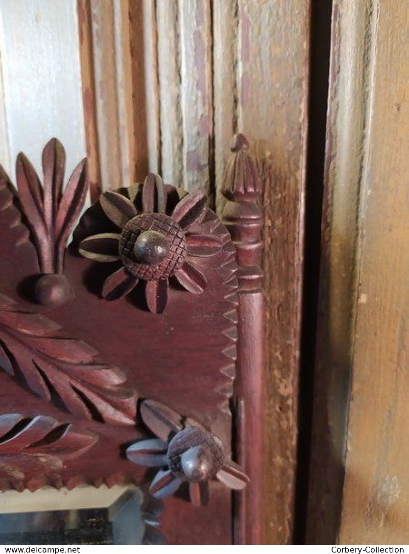 Ancien Miroir Bois Sculpté Fleurs Art Populaire Fin XVIIIeme Début XIXème