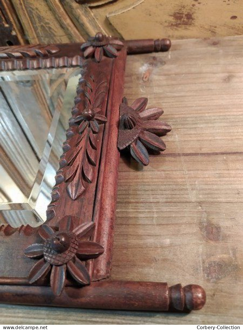 Ancien Miroir Bois Sculpté Fleurs Art Populaire Fin XVIIIeme Début XIXème