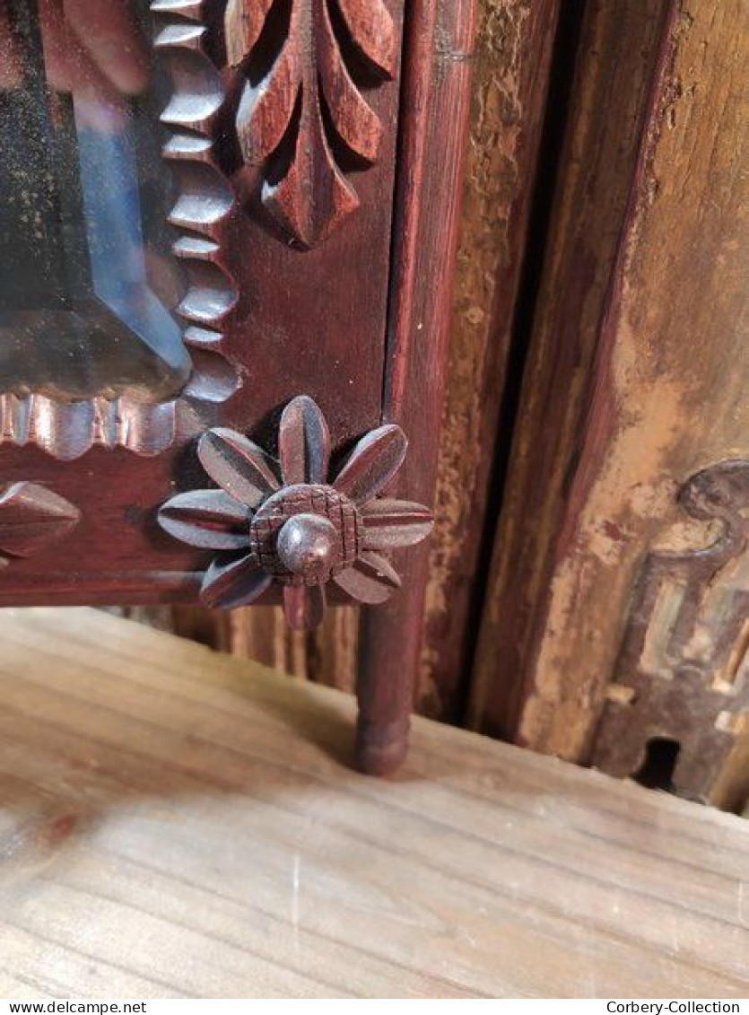 Ancien Miroir Bois Sculpté Fleurs Art Populaire Fin XVIIIeme Début XIXème