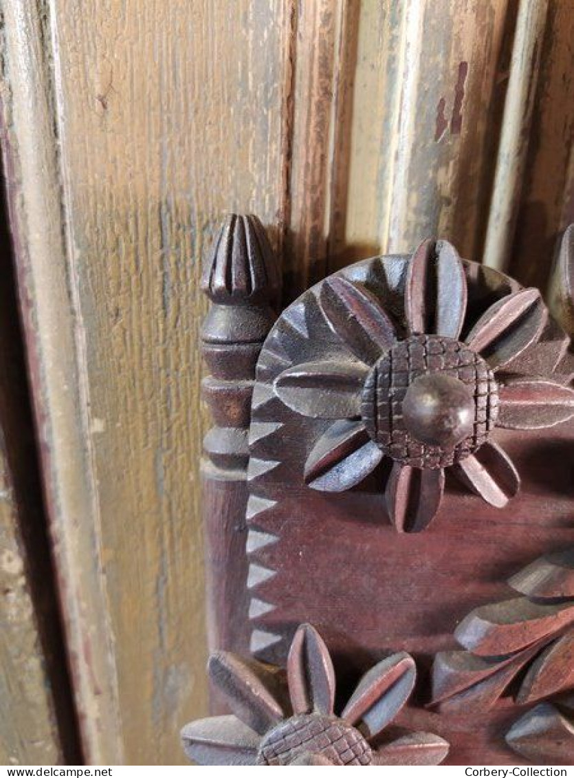 Ancien Miroir Bois Sculpté Fleurs Art Populaire Fin XVIIIeme Début XIXème