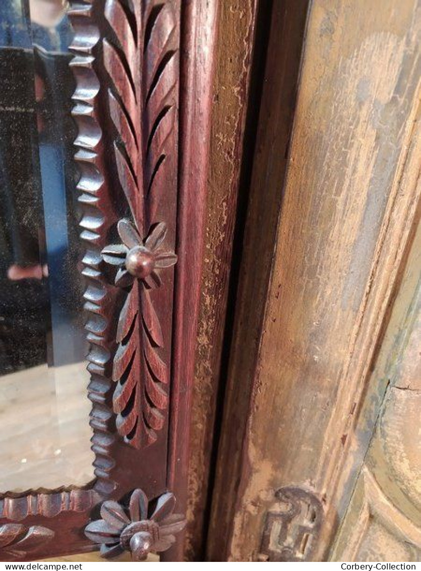 Ancien Miroir Bois Sculpté Fleurs Art Populaire Fin XVIIIeme Début XIXème