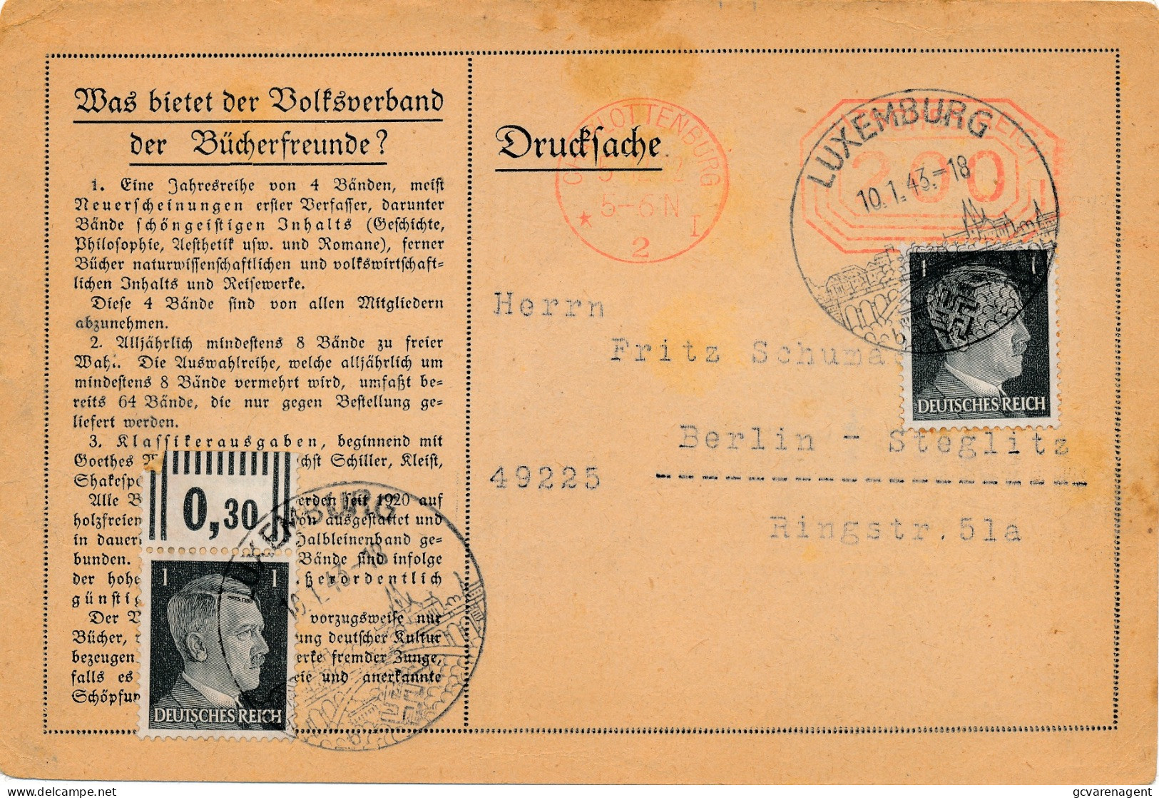 AFSTEMPELING LUXEMBURG 1943  TO BERLIN  STEGLITZ     2 SCANS - 1940-1944 Occupation Allemande