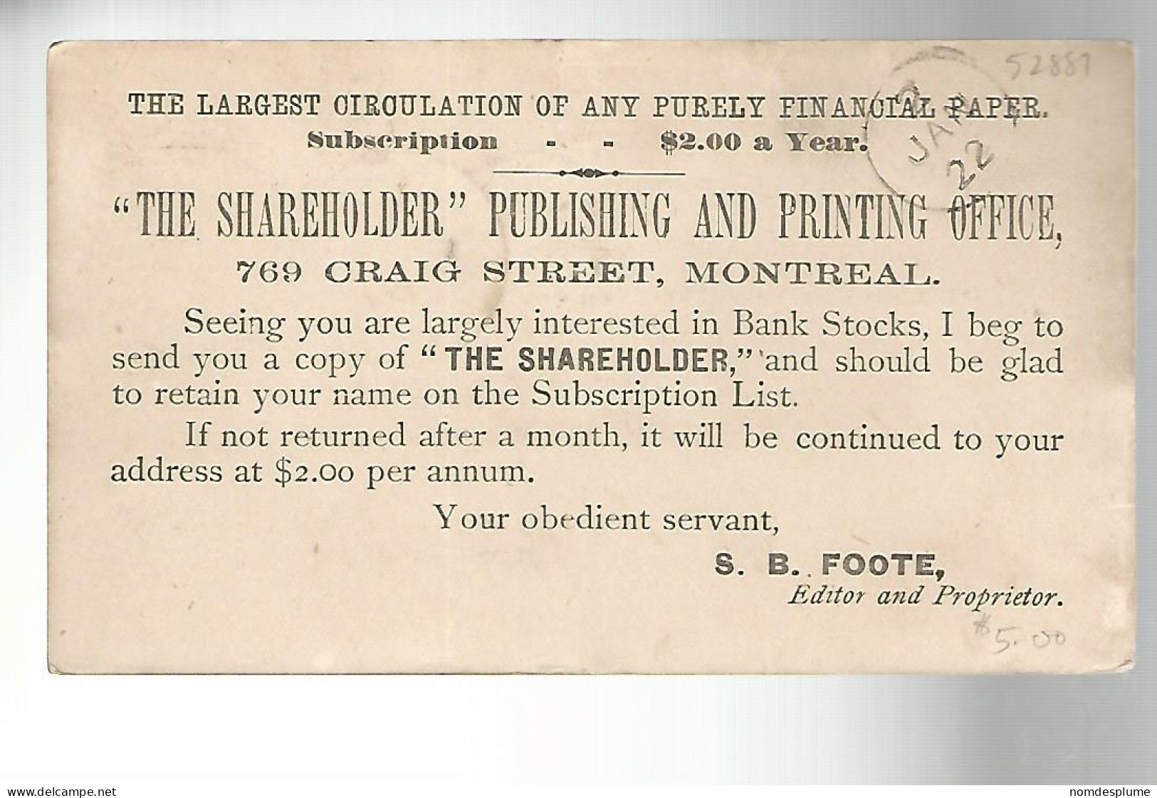 52887 ) Canada Postal Stationery Montreal Postmark  Duplex  - 1860-1899 Reinado De Victoria