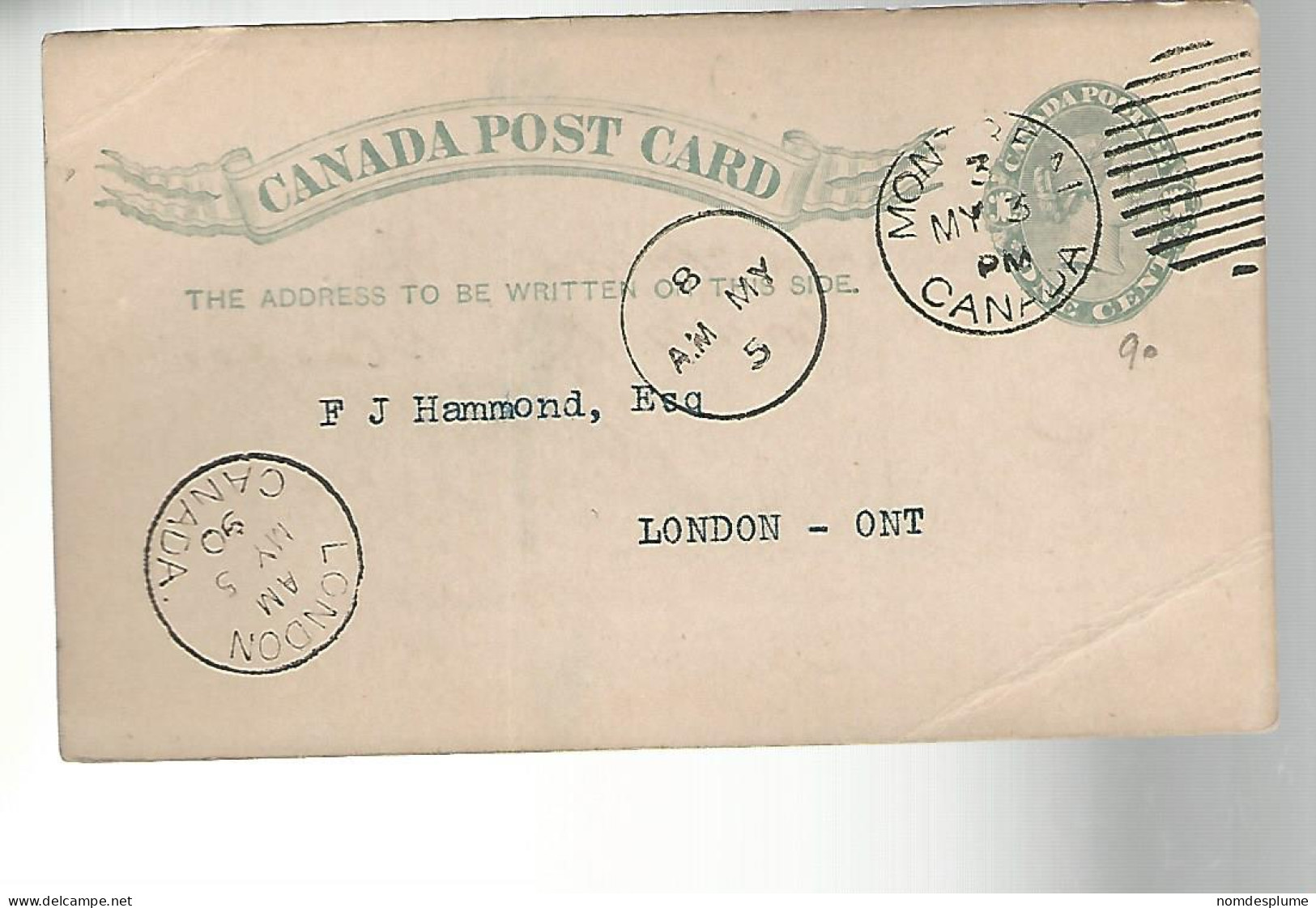 52888 ) Canada Postal Stationery Montreal London Postmarks  Duplex 1890 - 1860-1899 Victoria