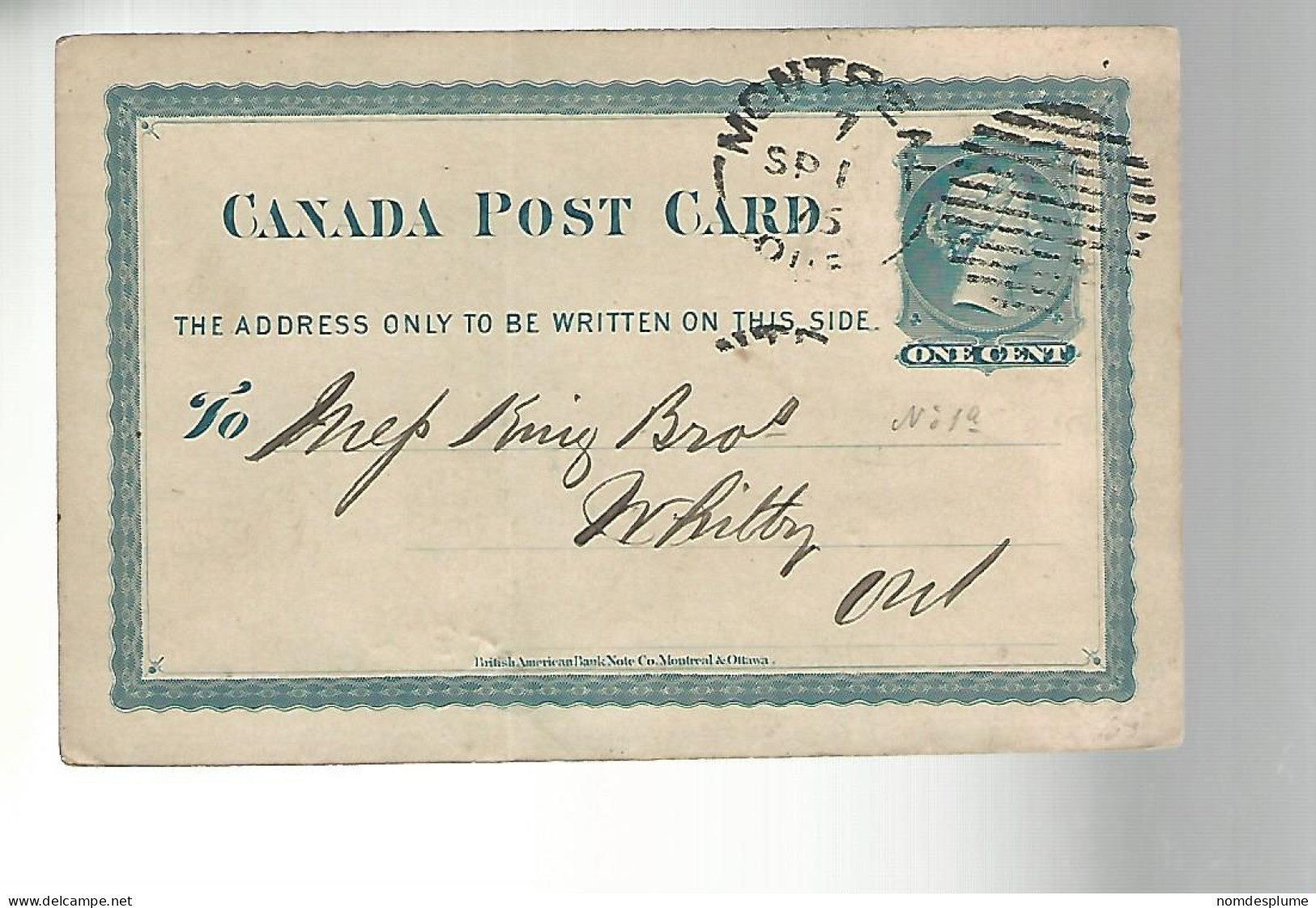52889 ) Canada Postal Stationery Montreal Postmark  Duplex 1876 - 1860-1899 Regering Van Victoria