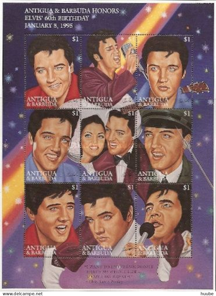 Antigua And Barbuda, 1995, MI 2298-2307, 60th Anniversary Of The Birth Of Elvis Presley, Sheet Of 9 + Block 333, MNH - Elvis Presley