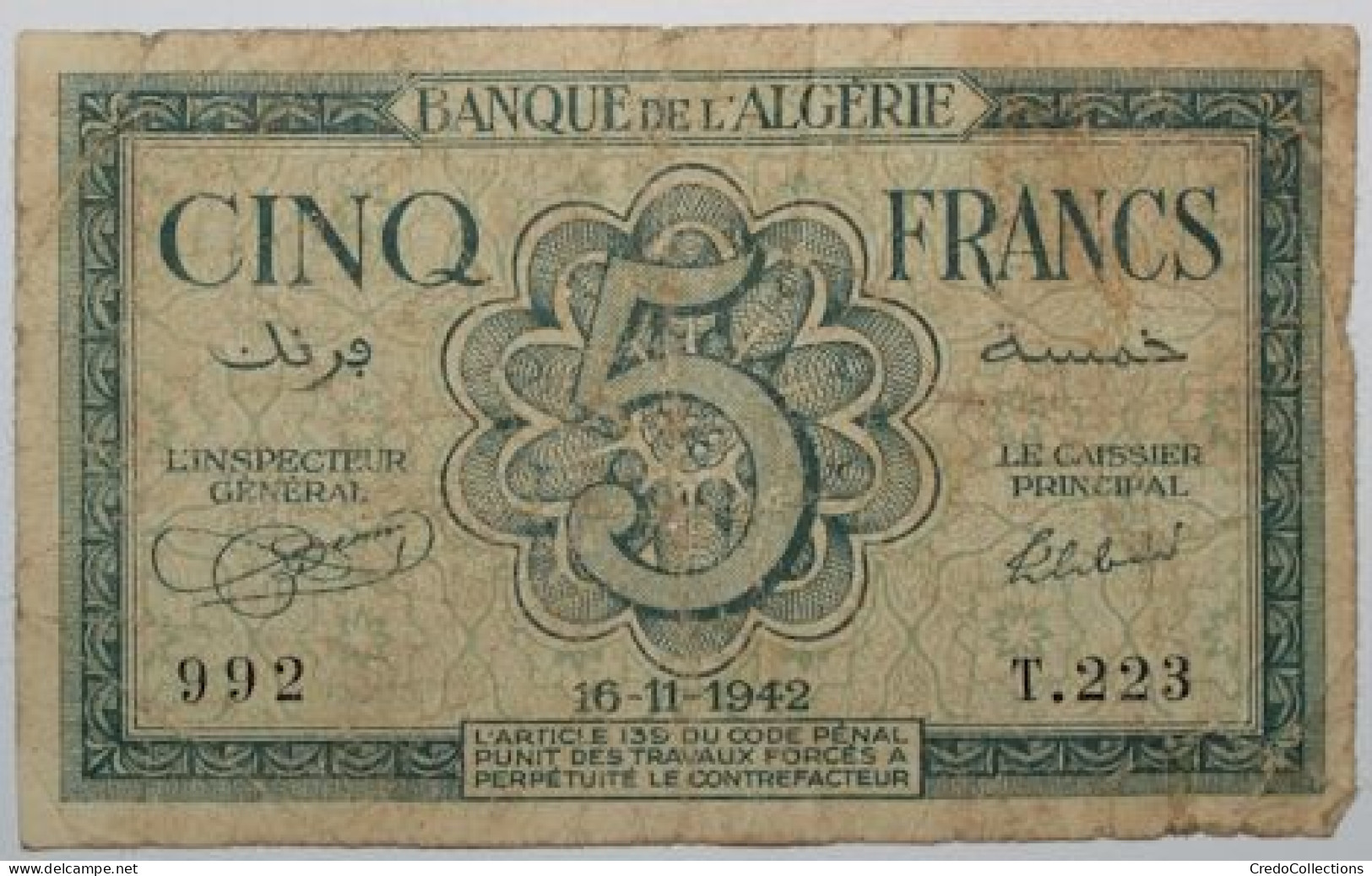 Algérie - 5 Francs - 1942 - PICK 91a - B+ - Argelia