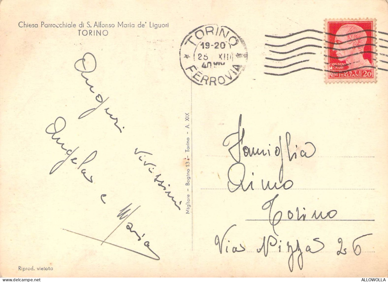 22723 " TORINO-CHIESA PARROCCHIALE DI S. ALFONSO MARIA DE LIGUORI " -VERA FOTO-CART.POST. SPED.1940 - Churches