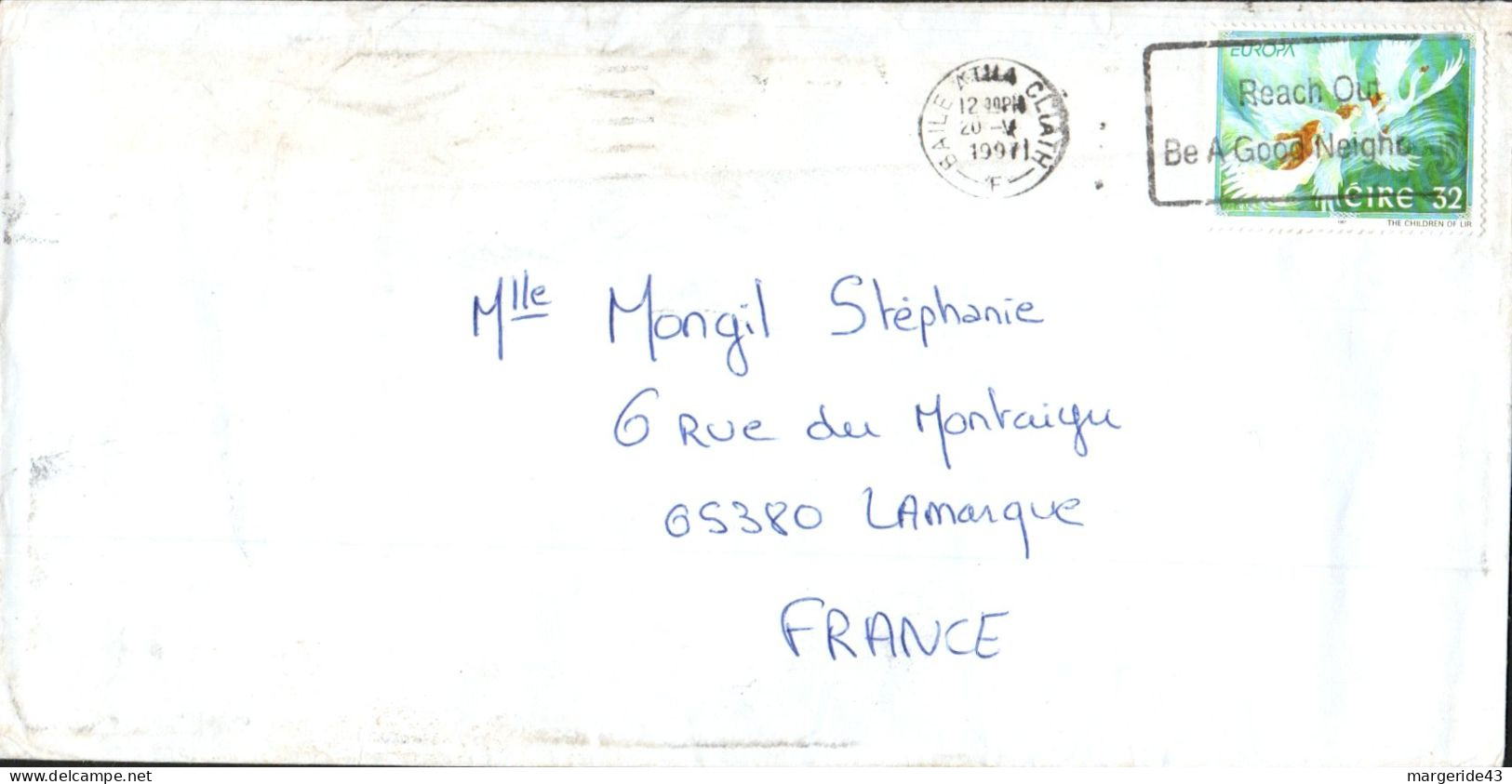 IRLANDE SEUL SUR LETTRE POUR LA FRANCE 1997 - Covers & Documents