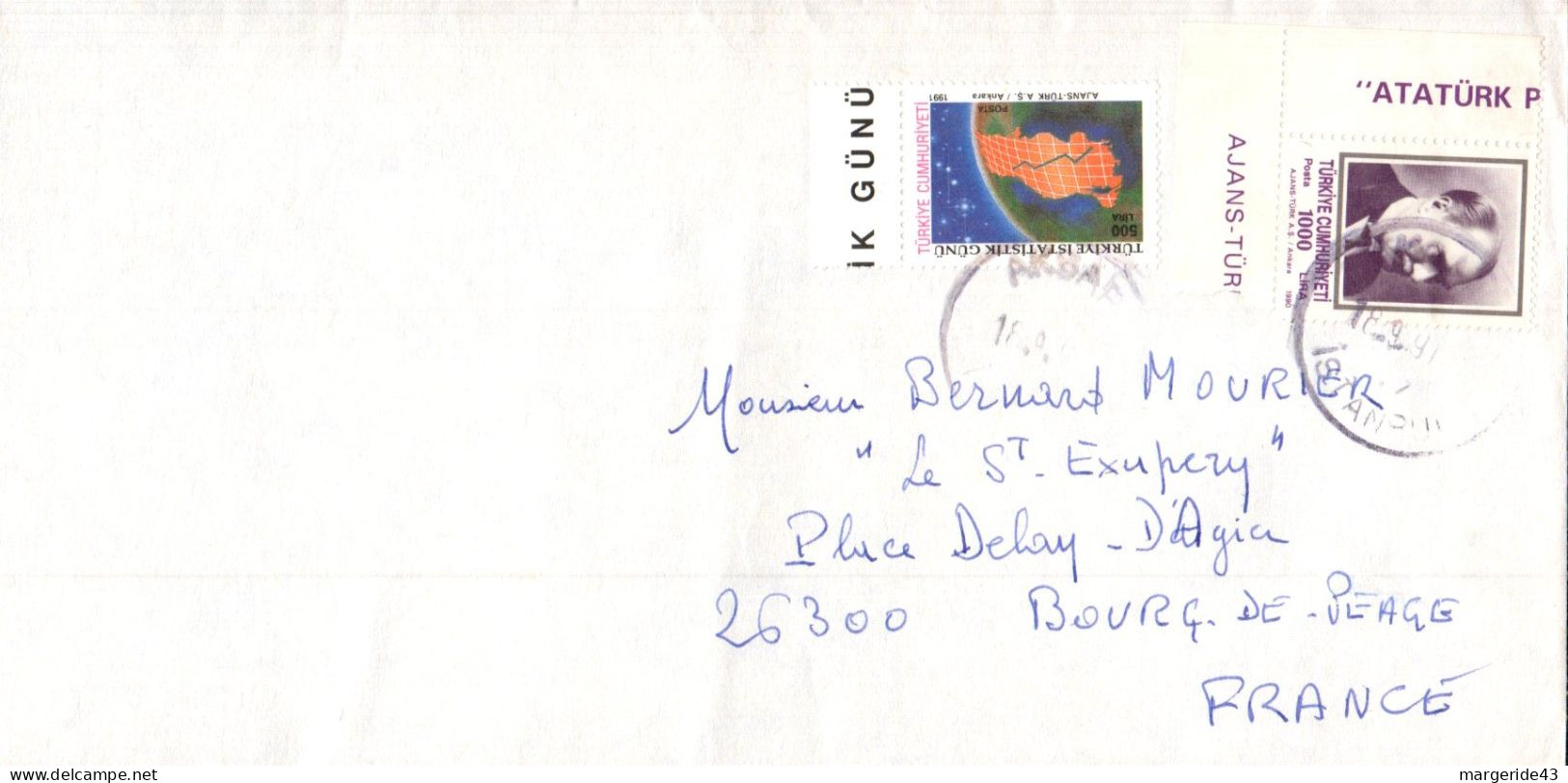 TURQUIE AFFRANCHISSEMENT COMPOSE SUR LETTRE POUR LA FRANCE 1991 - Storia Postale