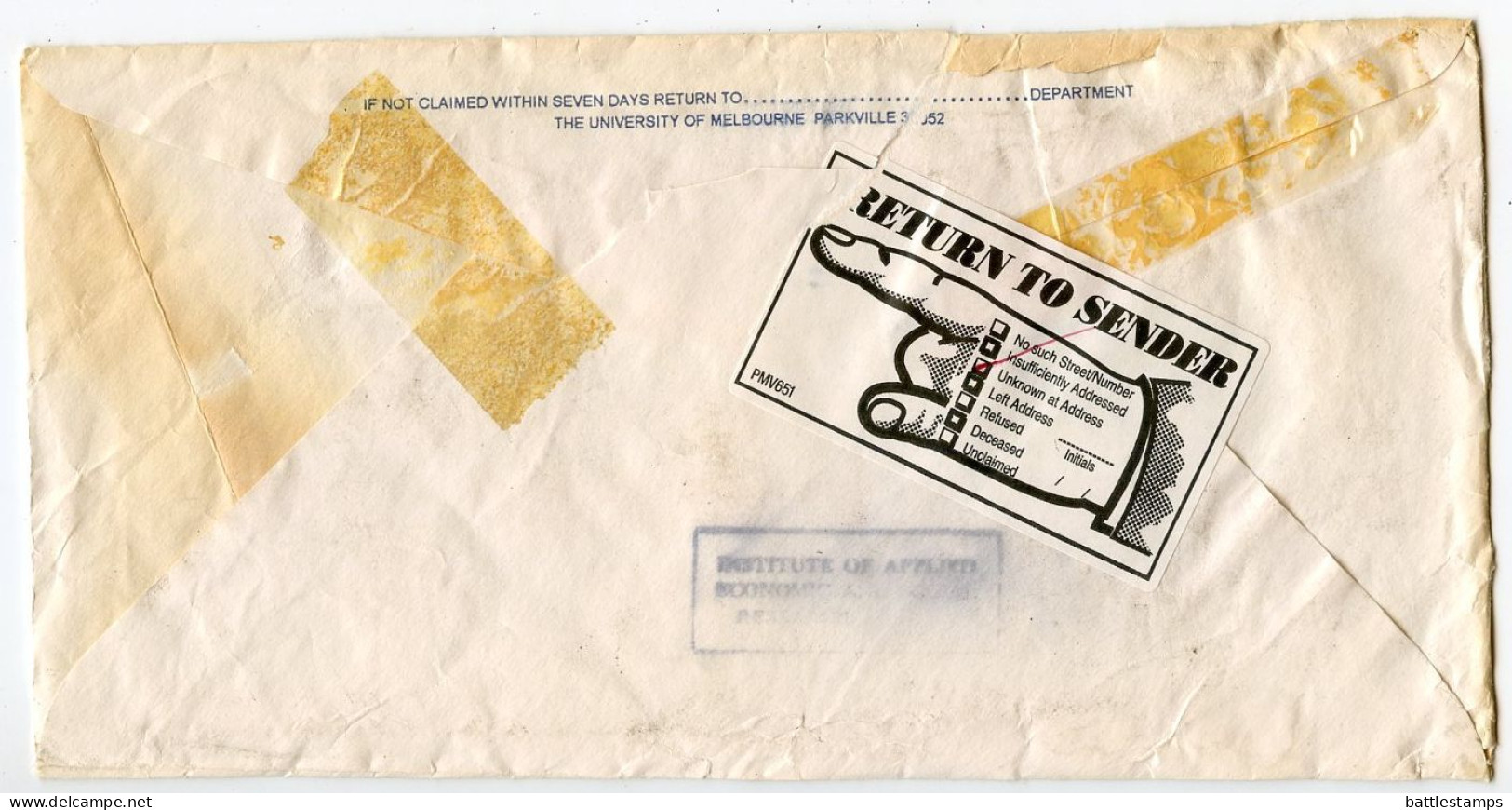 Australia 1990's Postage Paid Cover - University Of Melbourne Parkville To South Yarra Victoria; Return To Sender Labels - Cartas & Documentos