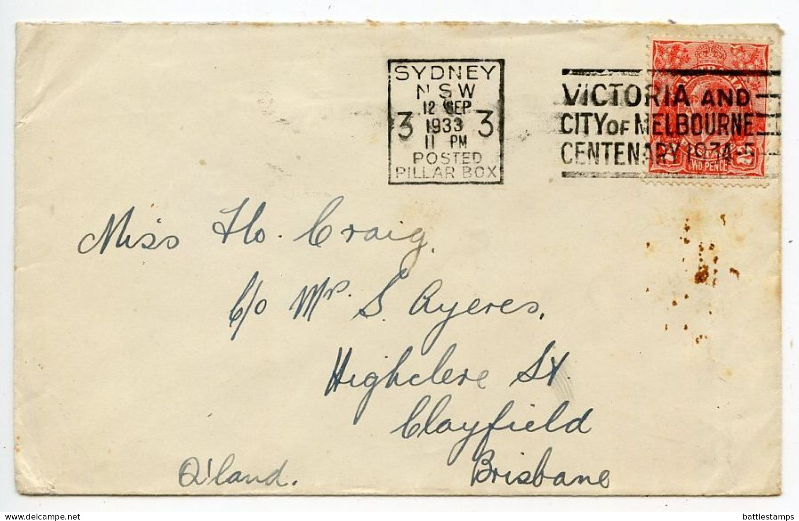 Australia 1933 Cover - Sydney To Brisbane; 2p. KGV; Slogan Cancel - Victoria And City Of Melbourne Centenary 1934 - Cartas & Documentos