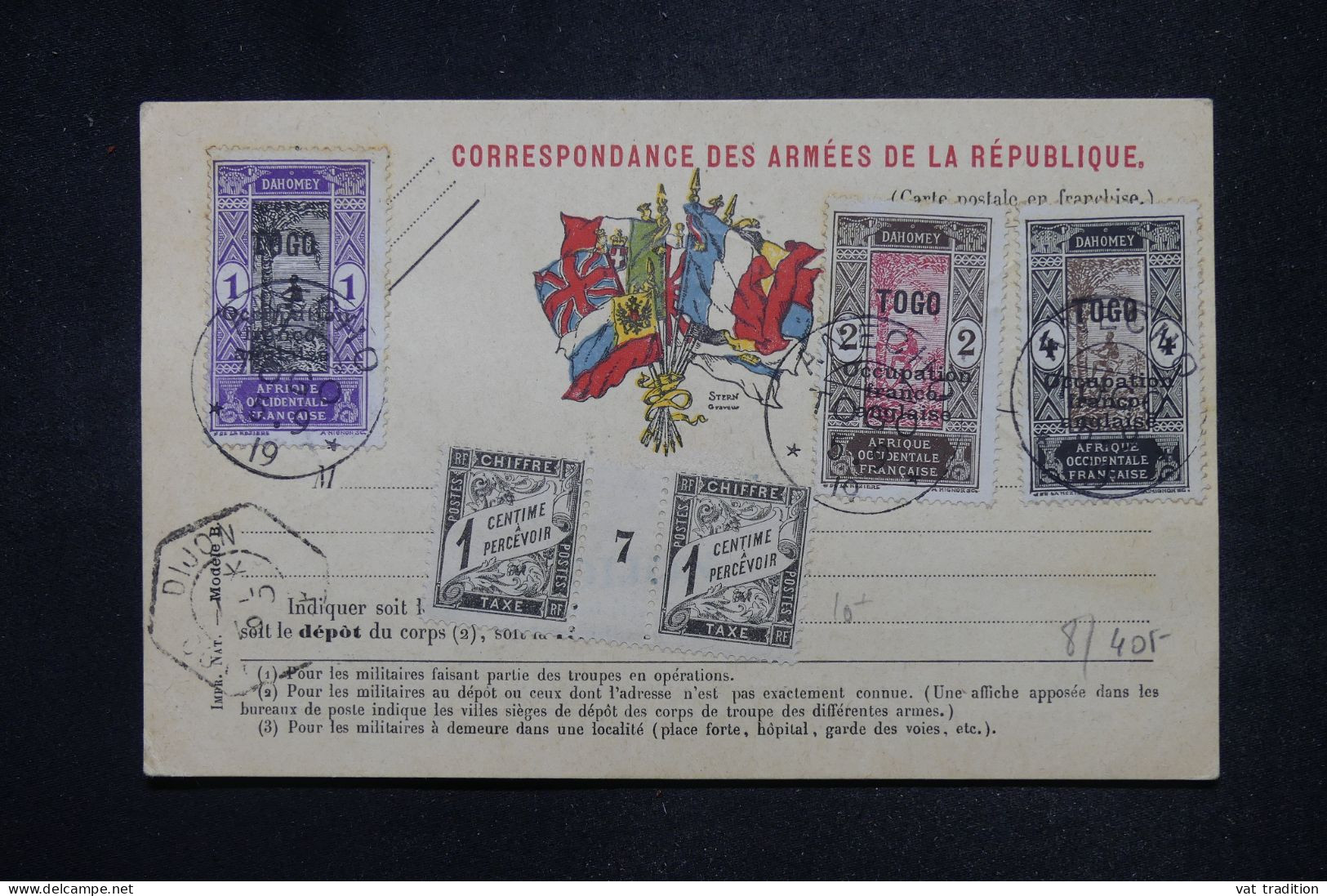 TOGO - Affranchissement De Bamako Sur Carte FM En 1919 Avec Paire De Taxe De France Millésimé ( Non Oblitéré) - L 147271 - Briefe U. Dokumente