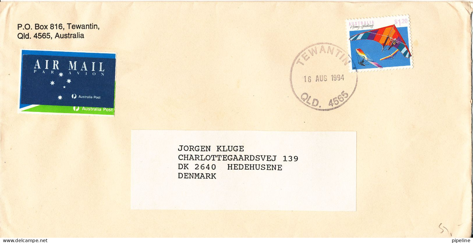 Australia Cover Sent Air Mail To Denmark Tewantin 16-8-1994 Single Franked - Briefe U. Dokumente