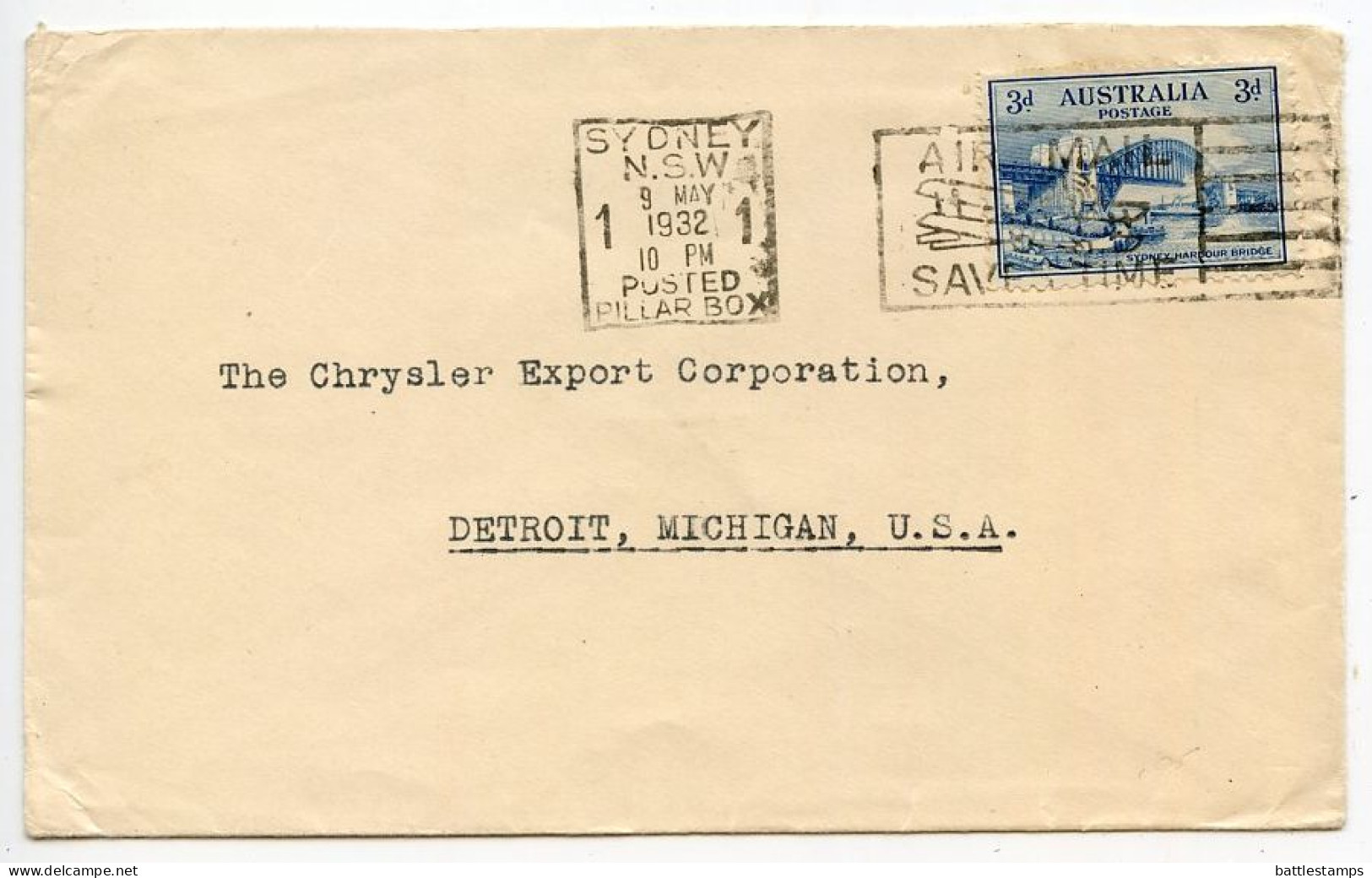 Australia 1932 Cover - Sydney To Detroit, Michigan - Chrysler; Scott 131 - 3p. Sydney Harbour Bridge - Lettres & Documents