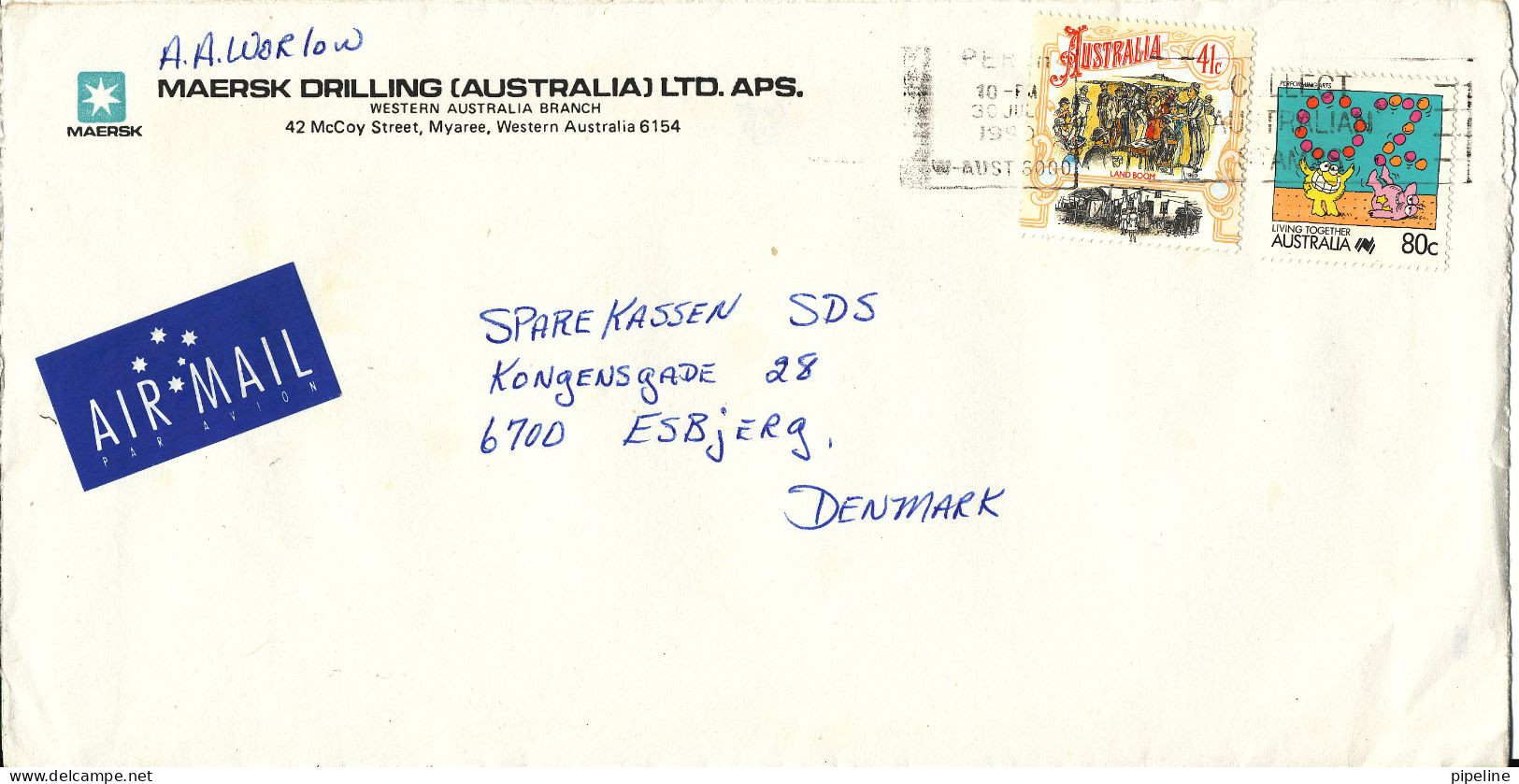 Australia Cover Sent Air Mail To Denmark Perth 30-7-1990 - Brieven En Documenten