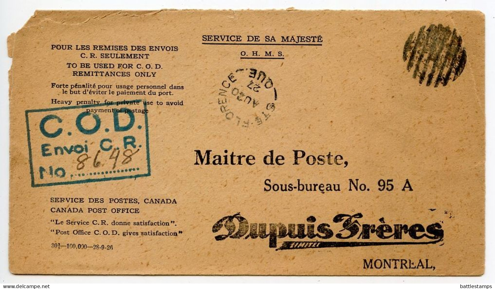 Canada 1927 Official C.O.D. - St. Florence, Quebec To Montreal, Quebec - Dupuis Frères - Cartas & Documentos