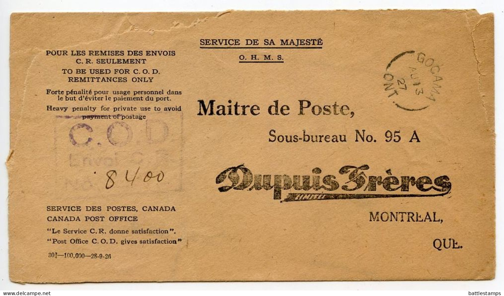 Canada 1927 Official C.O.D. - Gogama, Ontario To Montreal, Quebec - Dupuis Frères - Cartas & Documentos