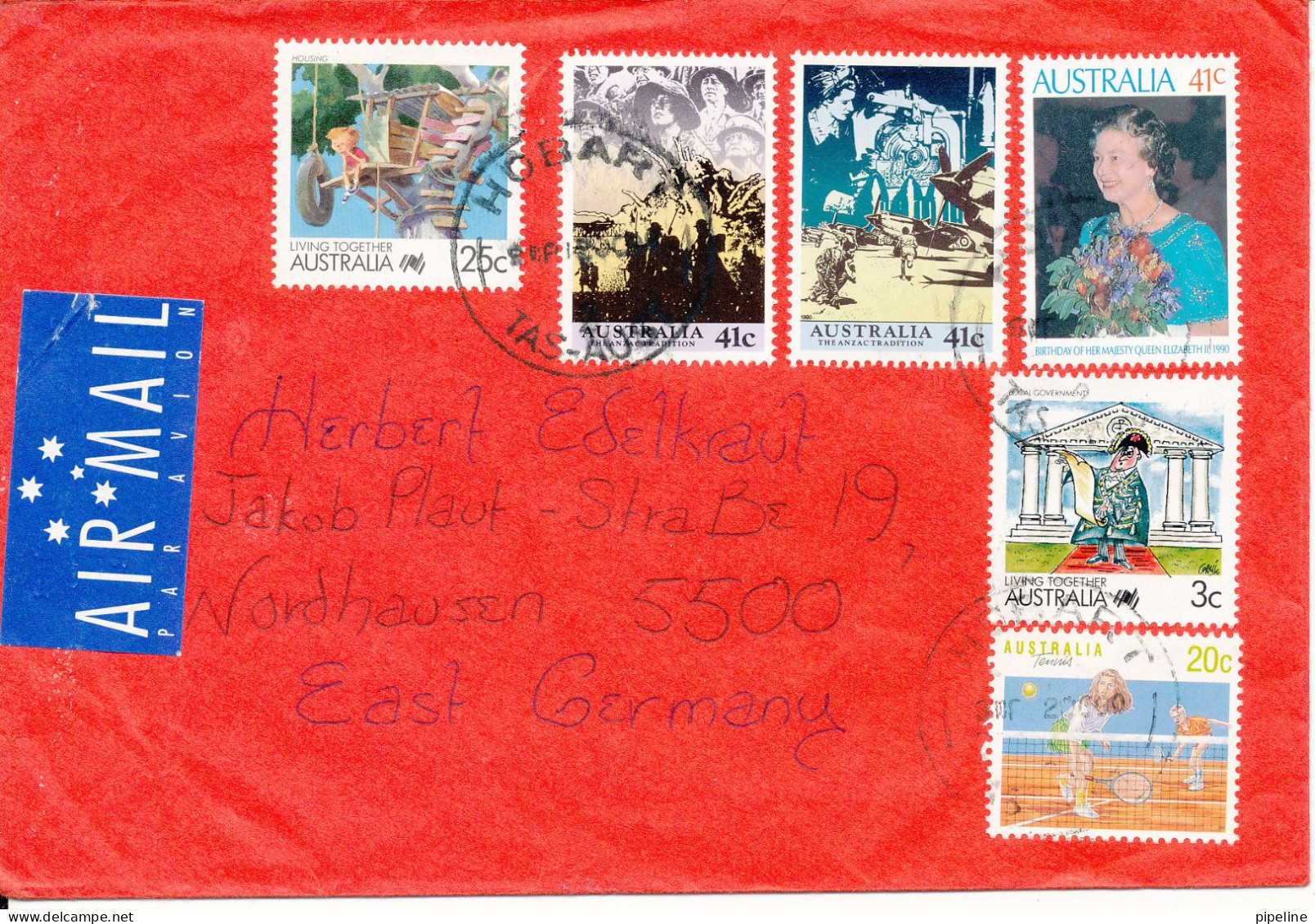 Australia Cover Sent Air Mail To DDR With A Lot Of Stamps 2-10-1990 - Storia Postale