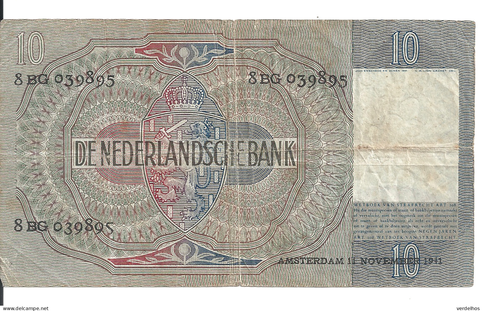 PAYS-BAS 10 GULDEN 1942 VF P 56 B - 10 Florín Holandés (gulden)