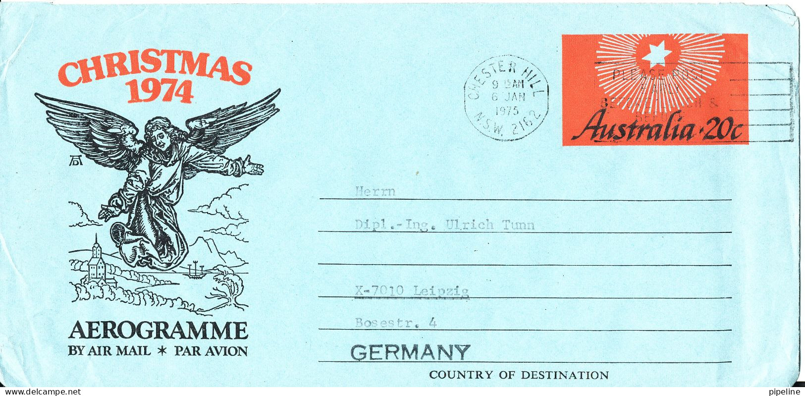 Australia Aerogramme Christmas 1974 Sent To Germany Chester Hill 6-1-1975 - Aérogrammes