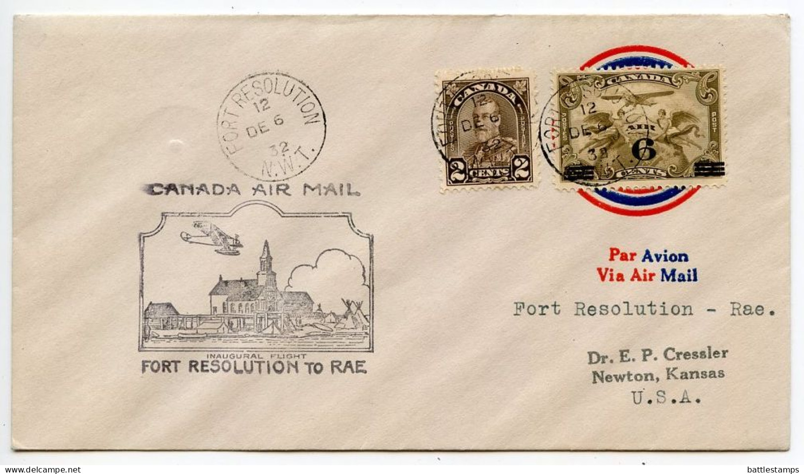 Canada 1932 First Flight Cover - Fort Resolution, NWT To Rae, NWT; Scott C3 - 6c. On 5c. Airmail Stamp - Primeros Vuelos