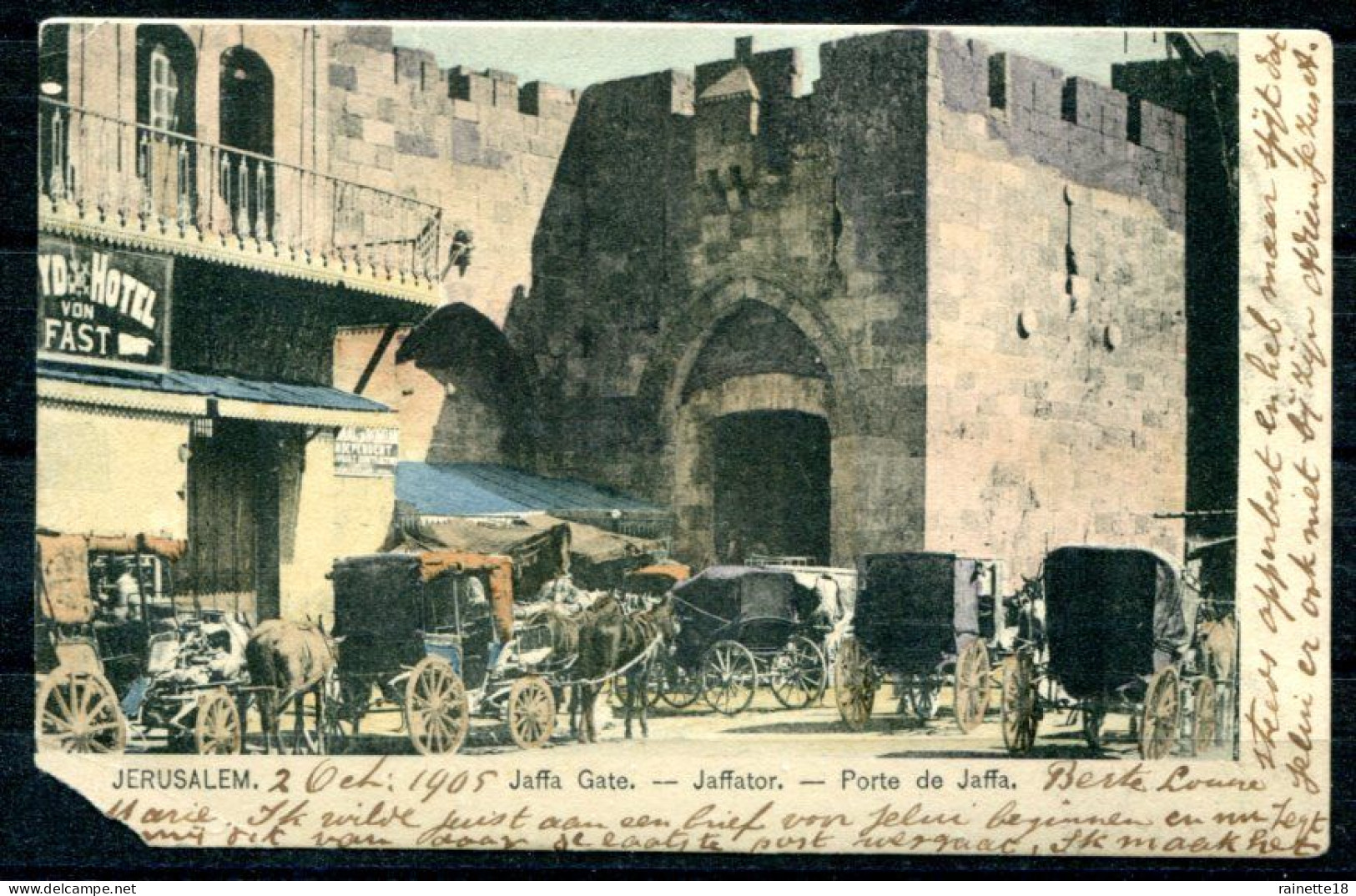 Timbres Du Levant Sur Cpa,  Cachet à Date Jérusalem Palestine Du 3 Octobre 1905 à Destination De Rotterdam. - Briefe U. Dokumente