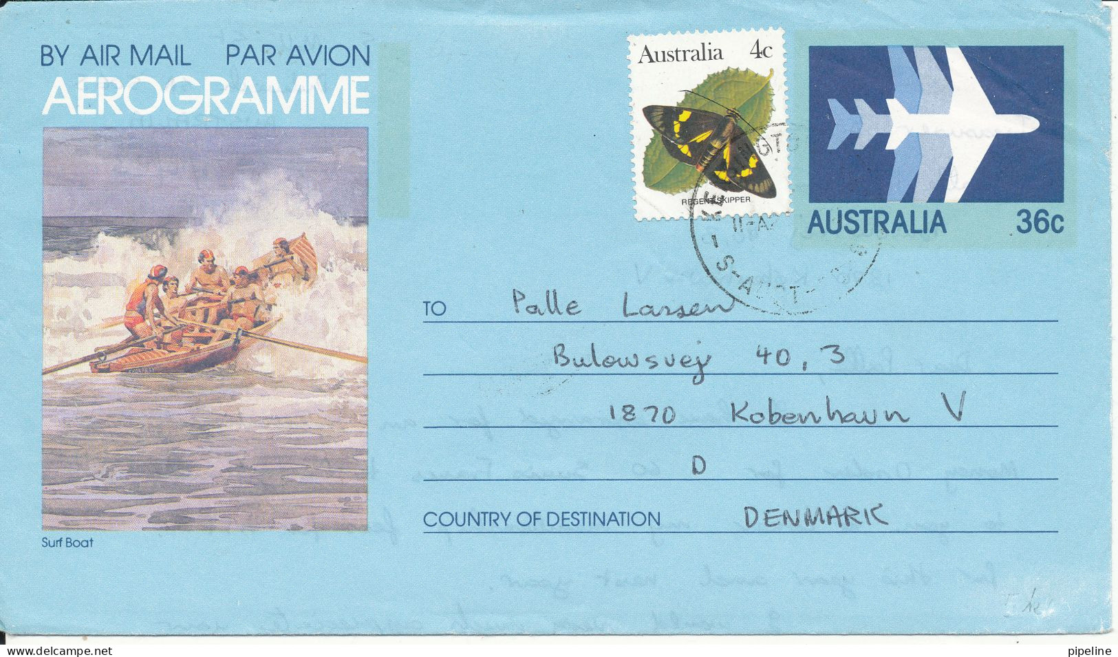 Australia Aerogramme Sent To Denmark 27-10-1983 (Surf Boat) - Aerogramme