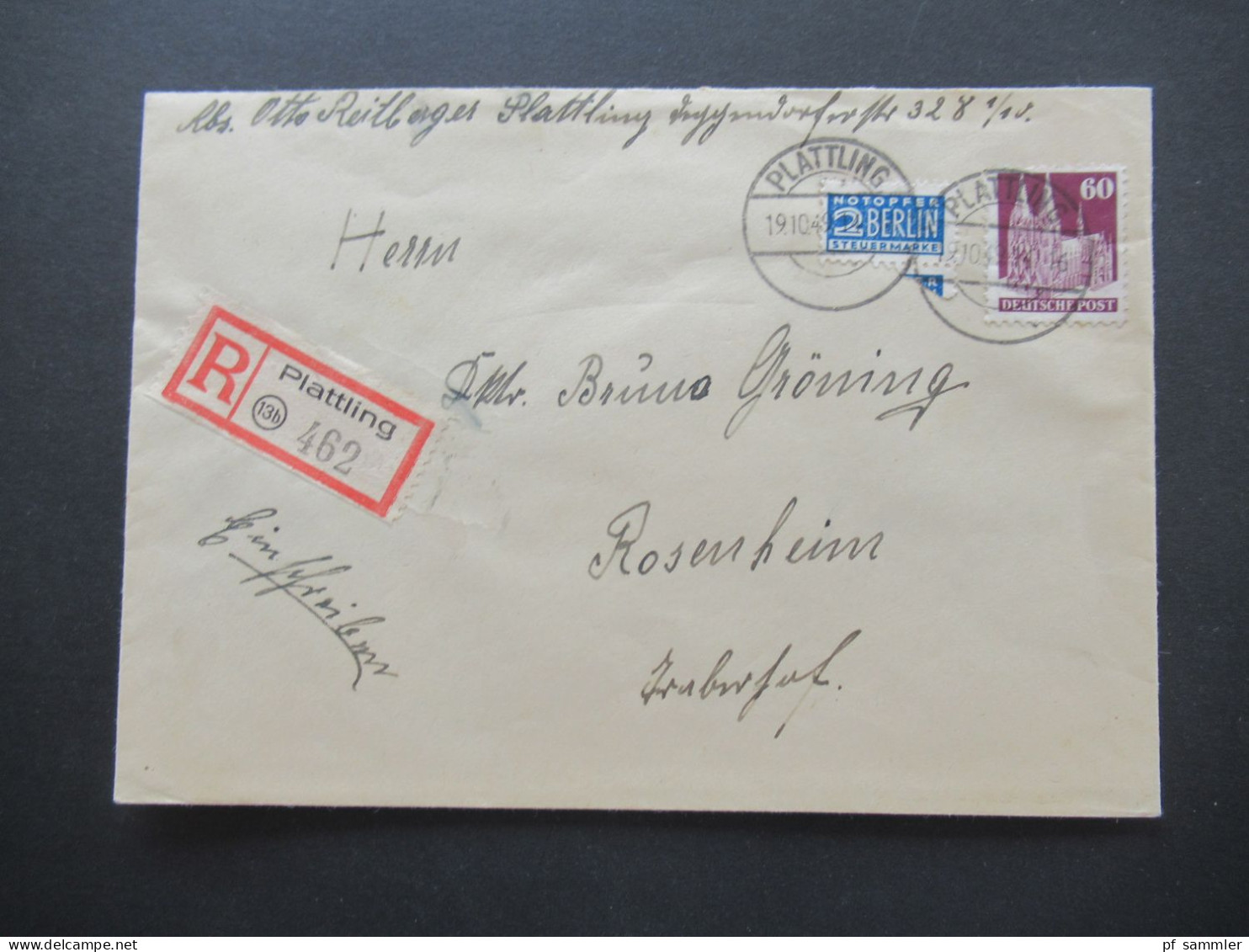 1949 Bizone Bauten MiF Nr.93 EF Mit Notopfermarke Einschreiben Plattling Nach Rosenheim Mit Ank. Stempel - Lettres & Documents